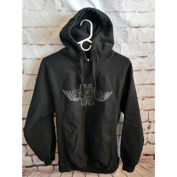 Milltex Mens Size Small Thick Hoodie Wisconsin Graphic Black Hooded Sweatshirt - Picture 1 of 6